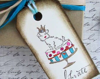 Dog on Cake Gift Tag, All Occasion Gift Tag, Birthday Gift Tag, Dog Gift Tag, Celebrate Tag, Party Favor Tag, Birthday Favor Tags, Set of 9