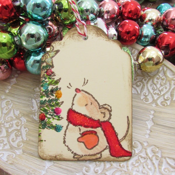 Christmas Mouse Gift Tag, Mouse Gift Tag, Hand-Stamped Gift Tags, Mouse, Party Favor Tags, Holiday Gift Wrap, Set of 9