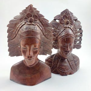 Vintage Carved Hardwood Balinese Man and Woman Busts Indonesian Janger Dancers