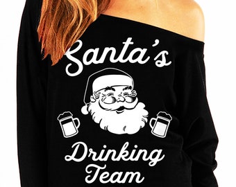 SANTA'S DRINKING TEAM Christmas Slouchy Sweatshirt Beer Version - Scarlet, Ugly Christmas Sweater women, Funny Christmas Shirts, Santa Claus