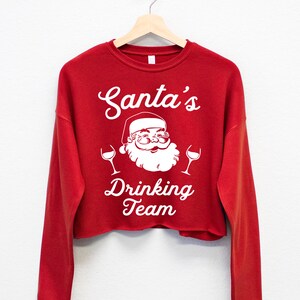 SANTA&#39;S DRINKING TEAM Cropped Ugly Christmas Sweater for Women Wine, Women Christmas Shirt, funny Christmas shirts, ugly Christmas sweaters