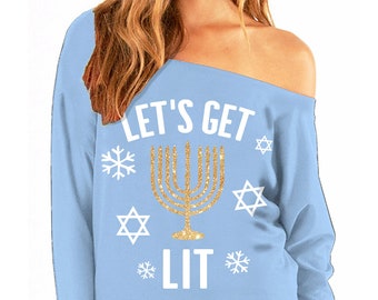 Jewish Sweatshirt for Women Hanukkah Off Shoulder Sweatshirt Xmas Slouchy Hanukkah Sweater for Her
