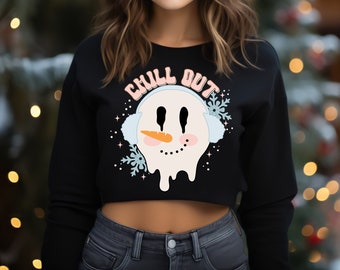 Chill Out Snowman Cropped Christmas Sweater for Women, Womens Christmas sweatshirts, crop top ugly Christmas sweaters, winter sweatshirt