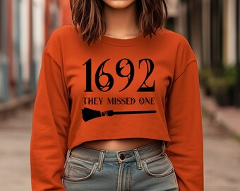 1692 THEY MISSED ONE Cropped Sweater, womens Halloween cropped sweatshirt, womens Halloween Salem Witch shirt, Halloween crop top sweatshirt