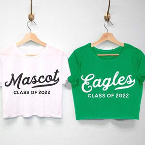 AANGEPASTE AFSTUDEER Shirt of Crop Top, Uw Mascotte & Afstudeerklas, afstudeeroverhemden, klasse van 2023, afstudeershirt van de middelbare school