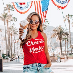 CHEERS MERICA Women&#39;s 4th of July Tank Top, 4th of July tanks for women, America Tank Top, womens summer tank tops, usa patriotic shirts