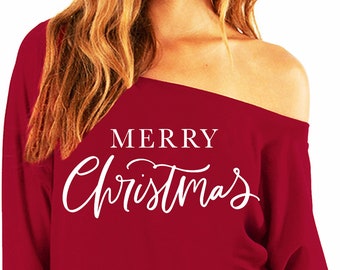 MERRY CHRISTMAS Off Shoulder Ugly Christmas Sweatshirt for Women, Merry Christmas Shirt, Women's Christmas tshirts, ugly Christmas sweaters