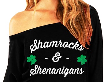 SHAMROCKS & SHENANIGANS St. Patrick’s Day Off-Shoulder Sweatshirt, St. Patrick’s Day Shirt, Funny, Shenanigans shirt, st pattys day shirt