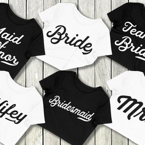 BRIDE & BRIDESMAID Cropped T-Shirts for Bachelorette Party, Maid of Honor, bridesmaids shirts crop tops, mrs cropped top wifey bride shirt