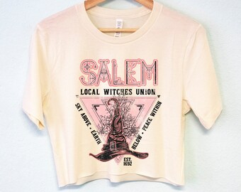 SALEM WITCHES UNION Crop Top Shirt, women's Halloween t-shirt, womens Salem Halloween shirts, Halloween crop top tees, witch cropped tops