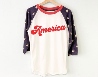 Koszulka patriotyczna AMERICA z rękawami w gwiazdki, rozmiar S, koszulki 4 lipca, koszulka z flagą amerykańską, koszulki 4 lipca dla kobiet, koszulka z okazji Dnia Niepodległości