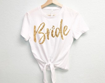 BRIDE Crop Top Shirt with Front Tie Pick Color, bride shirts, bride crop top, bride clothes, honeymoon shirt, wedding shirts, gold bride tee