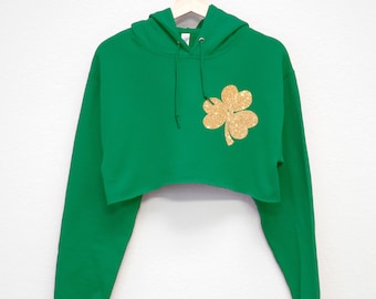 St. Patrick's Day Cropped Hoodie GLITTER Print Shamrock, green St Pattys Day crop hoodies, sparkle St Patrick Day sweatshirts women pullover
