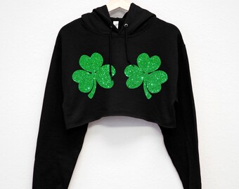 St. Patrick's Day Crop Hoodie SHAMROCKS BIKINI GLITTER Print, green St Pattys Day crop hoodies, sparkle St Patricks Day sweatshirt for women