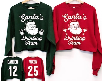 SANTA'S DRINKING TEAM Cropped Ugly Christmas Sweater Your Name/Number, Women Christmas Shirt, funny Christmas shirt, ugly sweaters for women