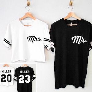 MRS Bride Crop Top + MR Groom Shirt POCKET Print Names Numbers Set, Couples Honeymoon Shirts, Bride and Groom shirts, mr and mrs shirts set