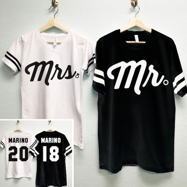 MRS Bride Shirt + MR Groom Tees CUSTOM Names & Numbers Set, Couples Shirts, Honeymoon Shirts, Bride and Groom shirts, mr and mrs shirts set