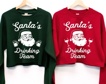 SANTA'S DRINKING TEAM Cropped Ugly Christmas Sweater for Women, Women Christmas Shirt, funny Christmas shirts, ugly Christmas sweaters, wine