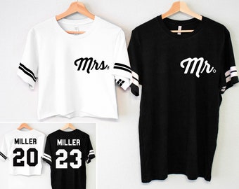 MRS Bride Crop Top + MR Groom Shirt POCKET Imprimir nombres Conjunto de números, Camisas de luna de miel para parejas, Camisas de novia y novio, conjunto de camisas mr y mrs