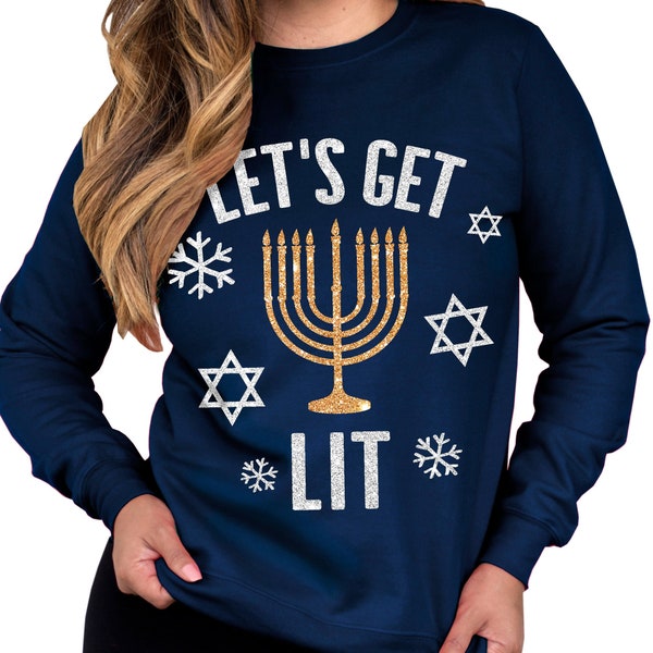 LET’S GET LIT Hanukkah Sweatshirt pour femmes Gold & Silver Glitter Print - Hanukkah Sweaters, Chemises drôles hanoukka, chemises juives menorah