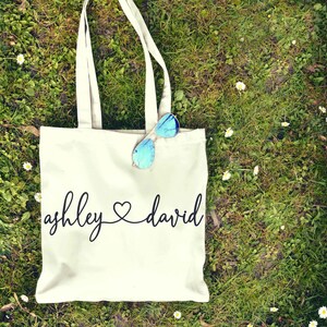 Cursive Heart CUSTOM NAMES Tote Bag, Wedding Gift, Bride Gift, Husband and Wife, honeymoon, wedding tote bag, bridal tote bag, bride bags