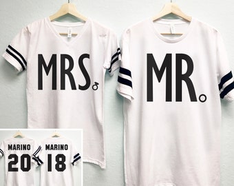 MRS Bride Shirt + MR Groom Tees CUSTOM Names & Numbers Set, Couples Shirts, Honeymoon, Bride and Groom shirts, wedding gift, mr and mrs