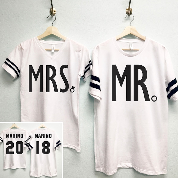 MRS Bride Shirt + MR Groom Tees CUSTOM Names & Numbers Set, Couples Shirts, Honeymoon, Bride and Groom shirts, wedding gift, mr and mrs