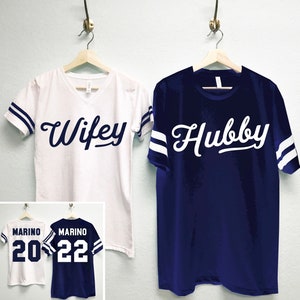 NAVY Blue HUBBY & WIFEY Shirts Custom Names + Numbers Set, Couples Shirts, Honeymoon Shirts, wedding gift, matching hubby wifey shirts