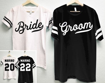 Camisas de NOVIA + NOVIO Camisetas Conjunto de nombres y números personalizados, camisas de pareja, camisas de luna de miel, camisas a juego para la novia y el novio