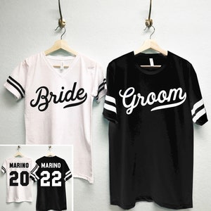 BRIDE Shirt + GROOM Tees Shirts CUSTOM Names & Numbers Set, Couples Shirts, Honeymoon Shirts, matching Bride and Groom shirts