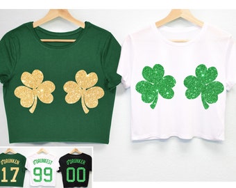 SHAMROCKS BIKINI GLITTER St. Patrick's Day Cropped Tees 6 Names to Pick, St Patty's Day crop top, shamrock St Patrick's Day Shirts for women