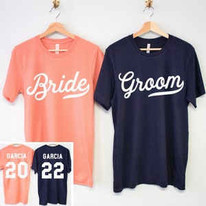 BRUID & BRUIDEGOM Shirts Set NAVY en Sunset Wedding Tshirts Aangepaste namen Nummers, trouwshirts, marine trouwshirts, paren huwelijksreis shirts