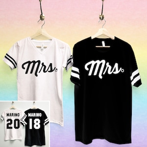 LESBIAN COUPLE Mrs Shirt + Mrs Bride Same Sex Marriage T-shirts Custom Name Numbers Set, Lesbian Wedding Couple Shirts, lgbtq wedding Shirts