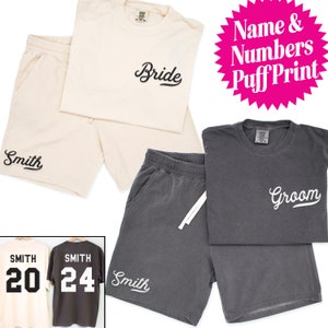 CUSTOM Puff Print Bride & Groom Shirt and Shorts Set, Name and Numbers, Bride shorts, bride groom Honeymoon outfit, Wedding gifts, newly wed