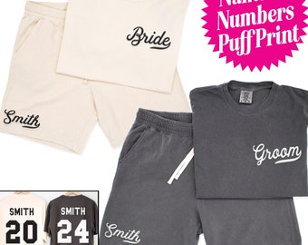 CUSTOM Puff Print Bride & Groom Shirt and Shorts Set, Name and Numbers, Bride shorts, bride groom Honeymoon outfit, Wedding gifts, newly wed