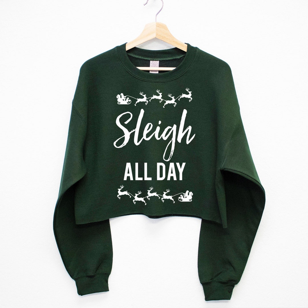 SLEIGH ALL DAY Cropped Ugly Christmas Sweater for Women, Womens Funny