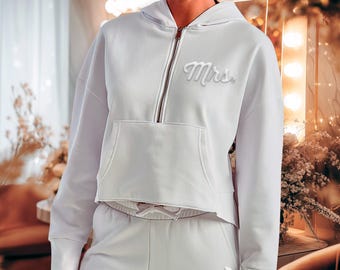 MRS. Zip Up Hoodie, Bride Zipper hoodie, Honeymoon outfit, Bride getting ready sweatshirt, Puff Print crop hoodie, mrs joggers, wedding gift