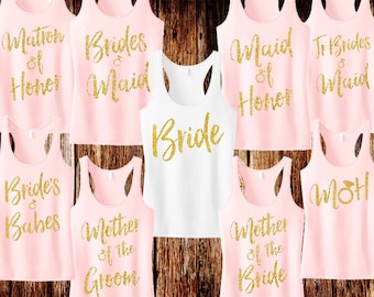 BLUSH & GOLD WEDDING Tanks Glitter Script Print, Bridesmaid tank, maid of honor shirt, wedding, bride shirts, bridesmaid, bridal