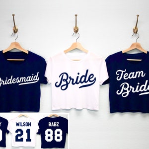 NAVY BRIDE & BRIDESMAID Team Cropped T-Shirts Custom Names and Numbers for Bachelorette Party, Maid of Honor, bridesmaids shirts crop tops