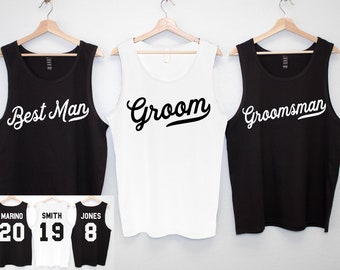 GROOM & GROOMSMEN Tank Tops Nombres y números PERSONALIZADOS para despedida de soltero y boda, regalo de padrinos de boda, padrino, tanque de novio, camisas de padrinos de boda