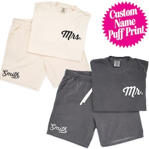Puff Print MR. & MRS. Shirt and Shorts Gift Set, Embossed Bride shirt, Bride shorts, bride groom Honeymoon outfit, Wedding gifts, newly wed