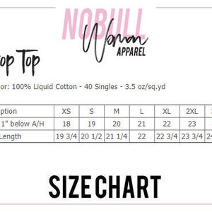 May include: Size chart for a crop top made of 100% liquid cotton. The chart shows measurements in inches for chest and body length for sizes XS, S, M, L, XL, 2XL, and 3XL.