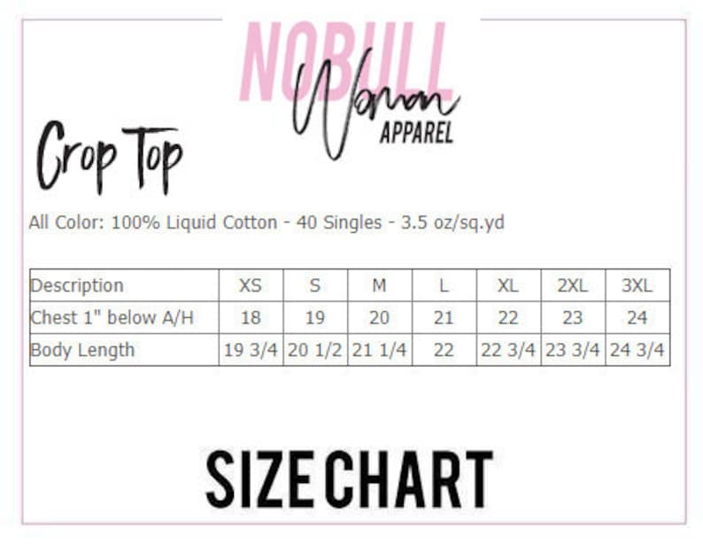 May include: Size chart for a crop top made of 100% liquid cotton. The chart shows measurements in inches for chest and body length for sizes XS, S, M, L, XL, 2XL, and 3XL.