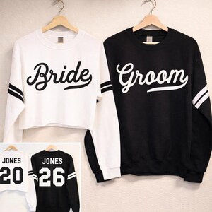 BRIDE Cropped Sweater + GROOM Sweatshirt CUSTOM Names & Numbers Set, Couples Shirts, Honeymoon tshirts, matching Bride and Groom sweatshirts