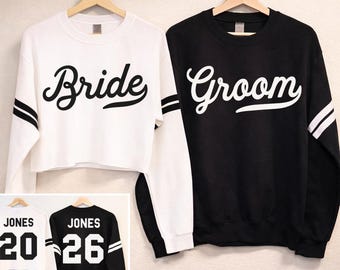 BRIDE Cropped Sweater + GROOM Sweatshirt CUSTOM Names & Numbers Set, Couples Shirts, Honeymoon tshirts, matching Bride and Groom sweatshirts
