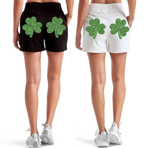GLITTER Shamrocks St. Patricks Day Shorts for Women, Womens St Pattys Day shorts, St. Paddy&#39;s Day parade outfit, Irish shamrock clothes