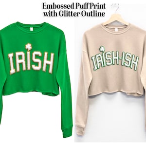Irisch oder irischer St. Patrick&#39;s Day Crop-Sweatshirt mit Glitzer-Umriss, St. Patty&#39;s Day Shirt für Frauen, Damen St. Patricks Day Crop Top