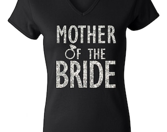MADRE de la novia brillo camisa negra con cuello en v, novia camiseta, camisa de boda, madre de la camisa de novia, ropa de la boda