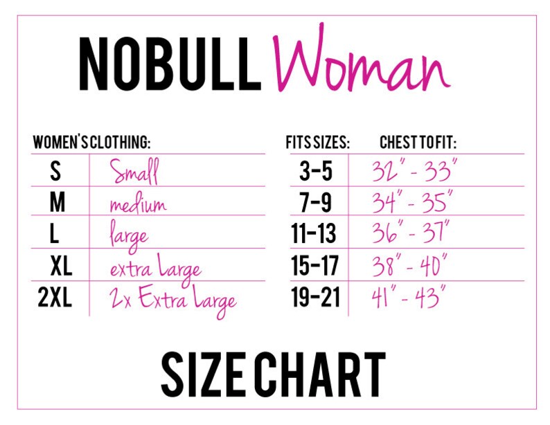 May include: Size chart for women's clothing with measurements in inches. The chart shows the corresponding chest size for each size, from small to 2x extra large.