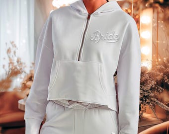 Bride Zip Up Hoodie, Wife Half Zip hoodie, Honeymoon outfit, Wedding getting ready sweatsuit, bridal sweat suit, Bride sweats, wedding gift
